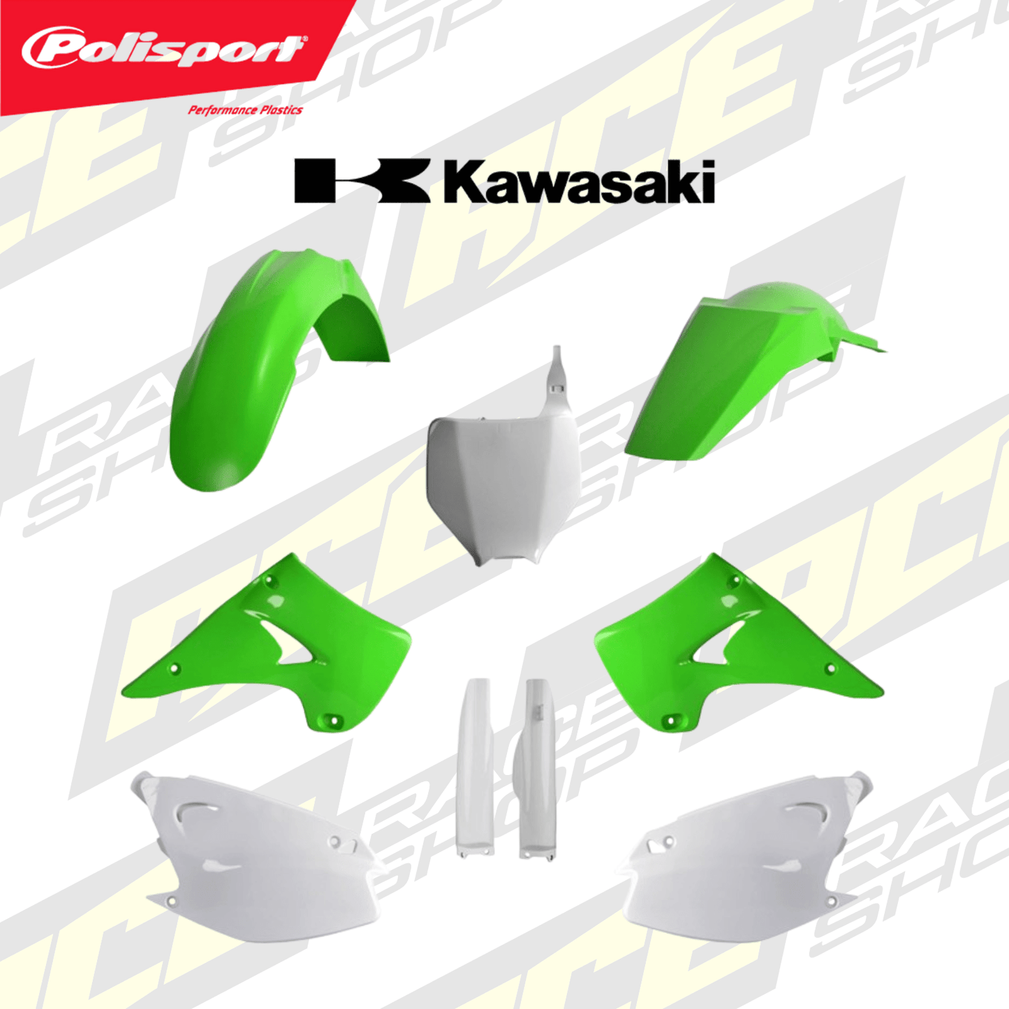 POLISPORT PLASTIC BOX KIT KAWASAKI KX125 - 250 04 - 08 INC FORK GUARDS OEM - ACE Race Shop