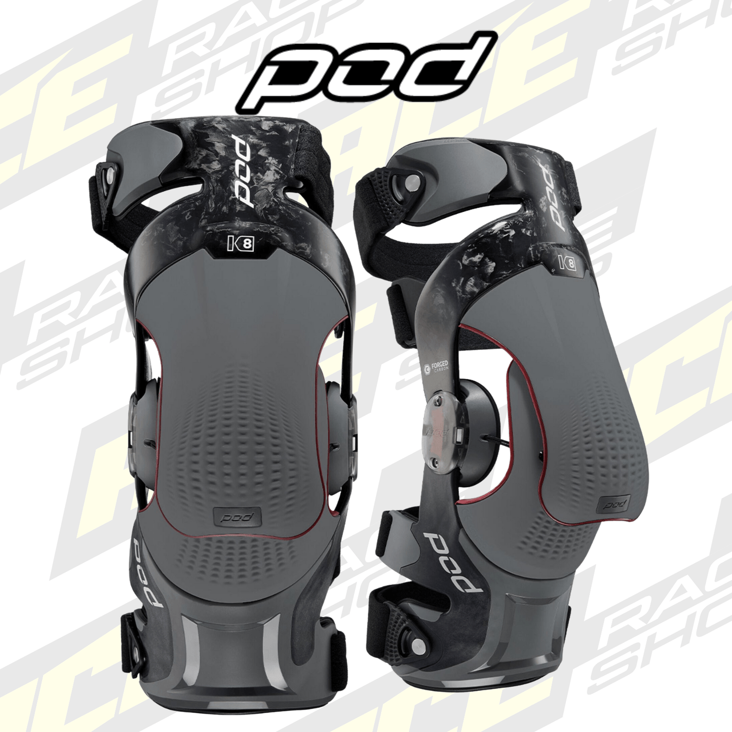 Pod K8 3.0 Knee Braces - Carbon Black and Grey Pair - Motocross & Enduro - All Sizes - ACE Race Shop