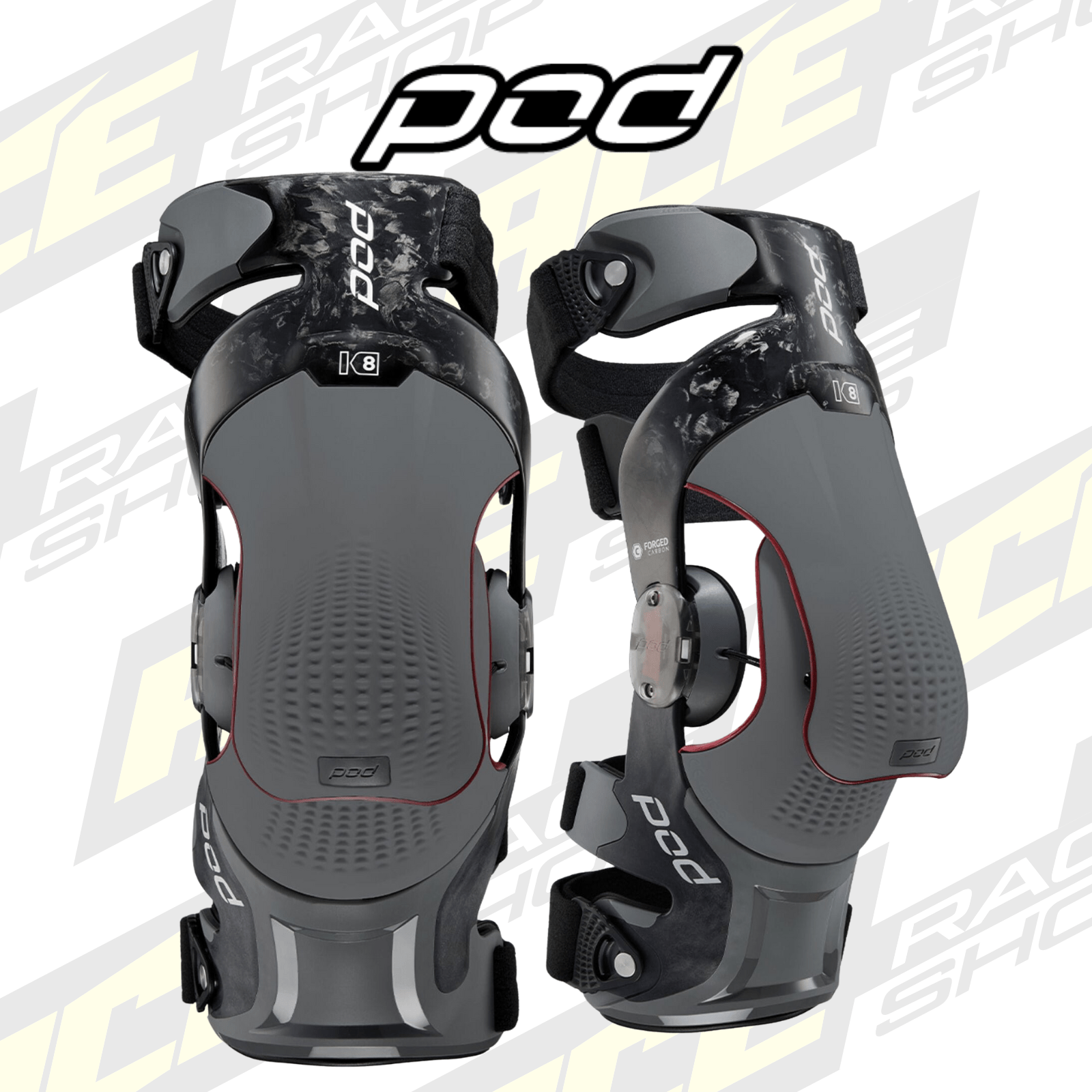 Pod K8 3.0 Knee Braces - Carbon Black and Grey Pair - Motocross & Enduro - All Sizes - ACE Race Shop