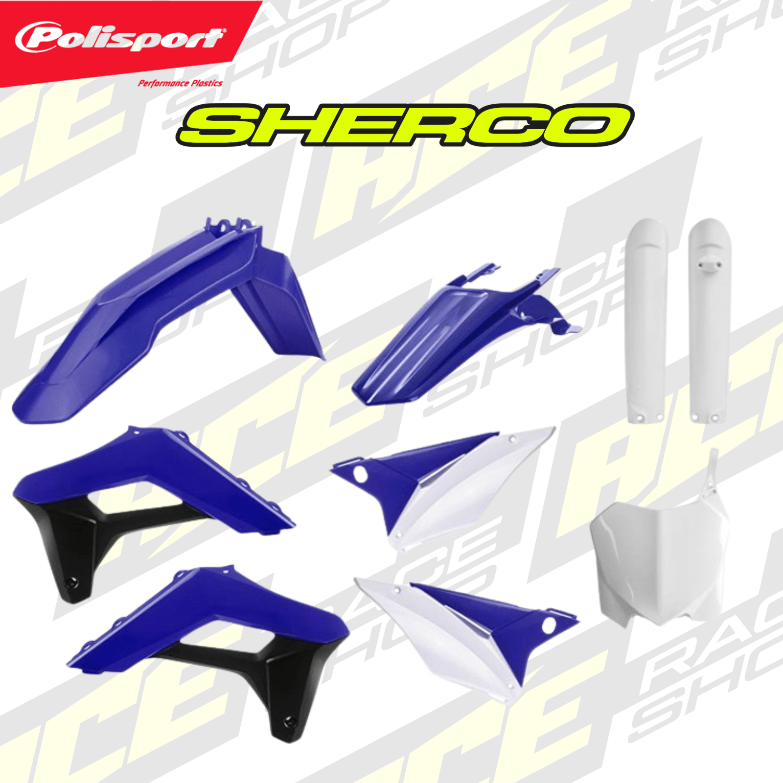 POLISPORT PLASTIC BOX KIT SHERCO SC/SCF 19 - 23 FULL ENDURO (INC FRONT PLATE & FORKGUARDS) BU/BK/WH OEM 19 - 23 - ACE Race Shop