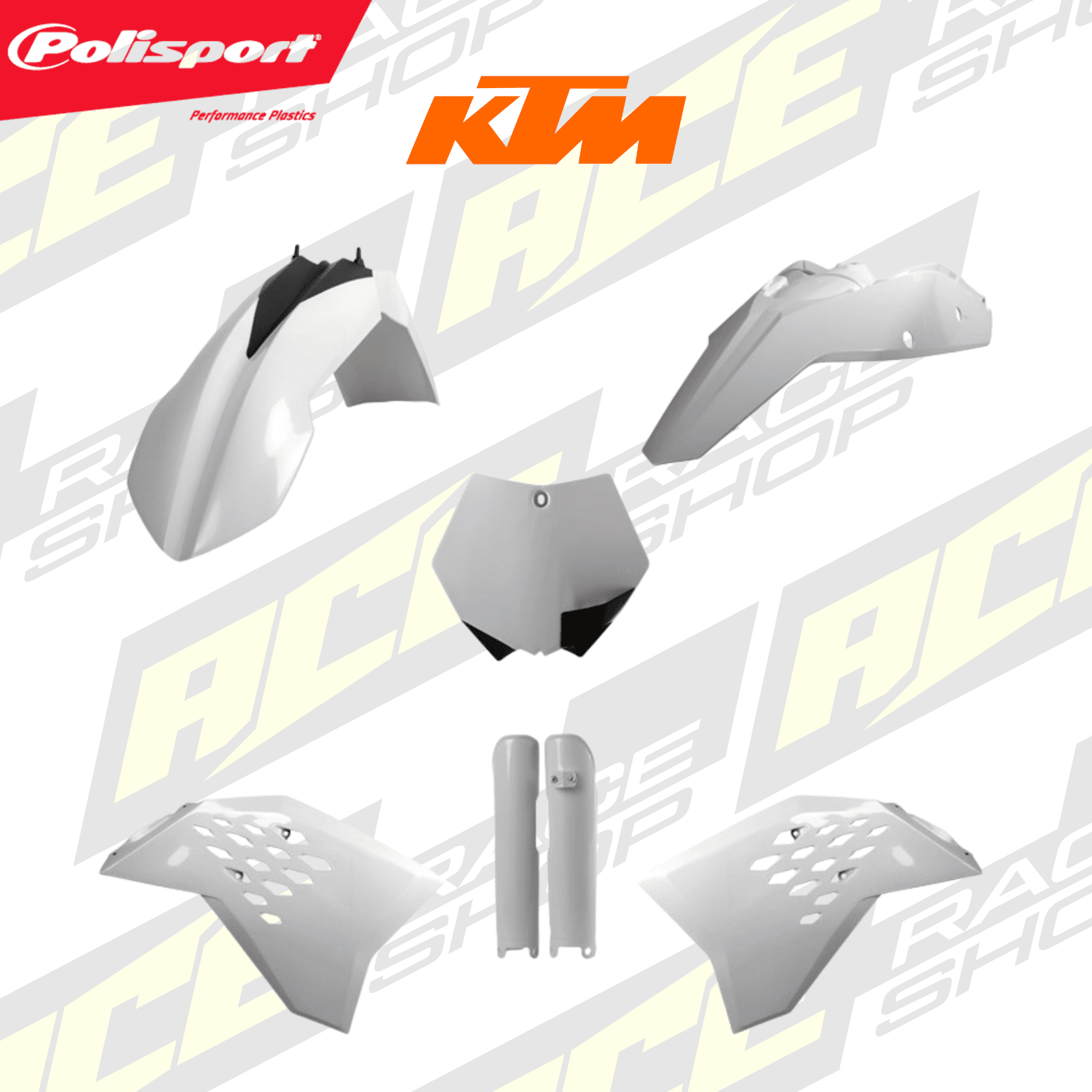 POLISPORT PLASTIC KIT BOX KIT KTM SX 07 - 10 WHITE INC FORK GUARDS - ACE Race Shop