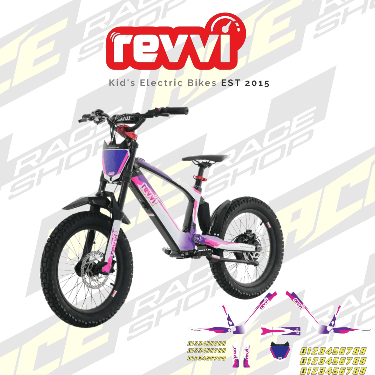 Revvi 18" Electric Balance Bike Mx Pink/White/Pruple Graphics Kit to fit Revvi 18" - ACE Race Shop