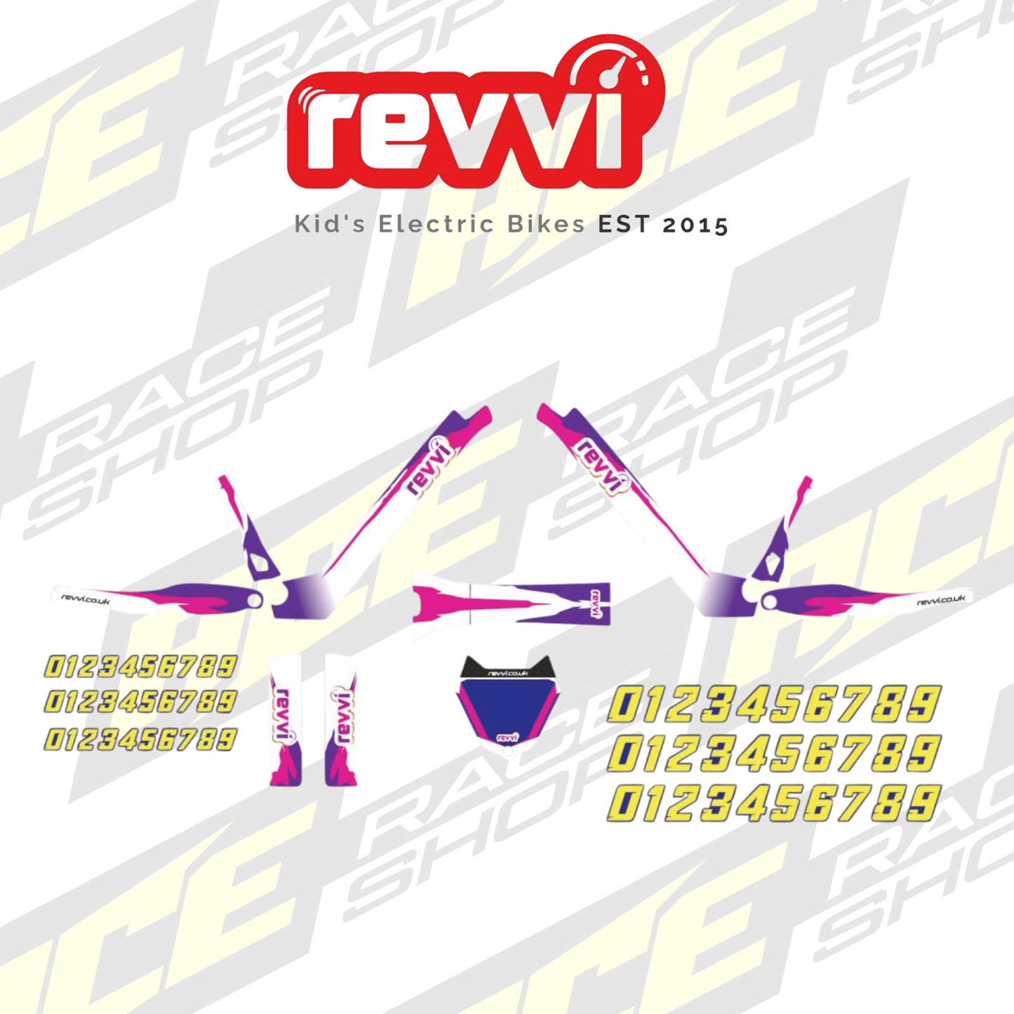 Revvi 18" Electric Balance Bike Mx Pink/White/Pruple Graphics Kit to fit Revvi 18" - ACE Race Shop