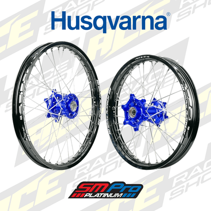 SM PRO PLATINUM WHEEL SET HUSQVARNA 125 - 501 TE/FE 24 - 25 BLUE HUB BLACK RIM - ACE Race Shop