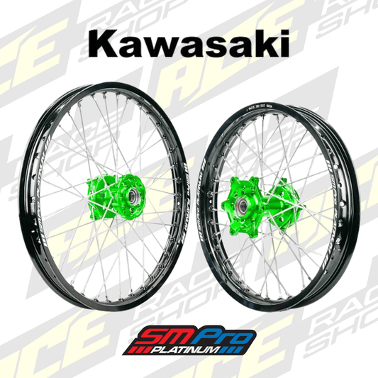 SM PRO PLATINUM WHEEL SET KAWASAKI KXF250 21 - 25, KXF450 19 - 25 GREEN HUB BLACK RIM - ACE Race Shop
