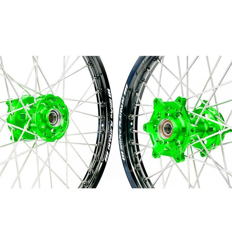 SM PRO PLATINUM WHEEL SET KAWASAKI KXF250 21 - 25, KXF450 19 - 25 GREEN HUB BLACK RIM - ACE Race Shop