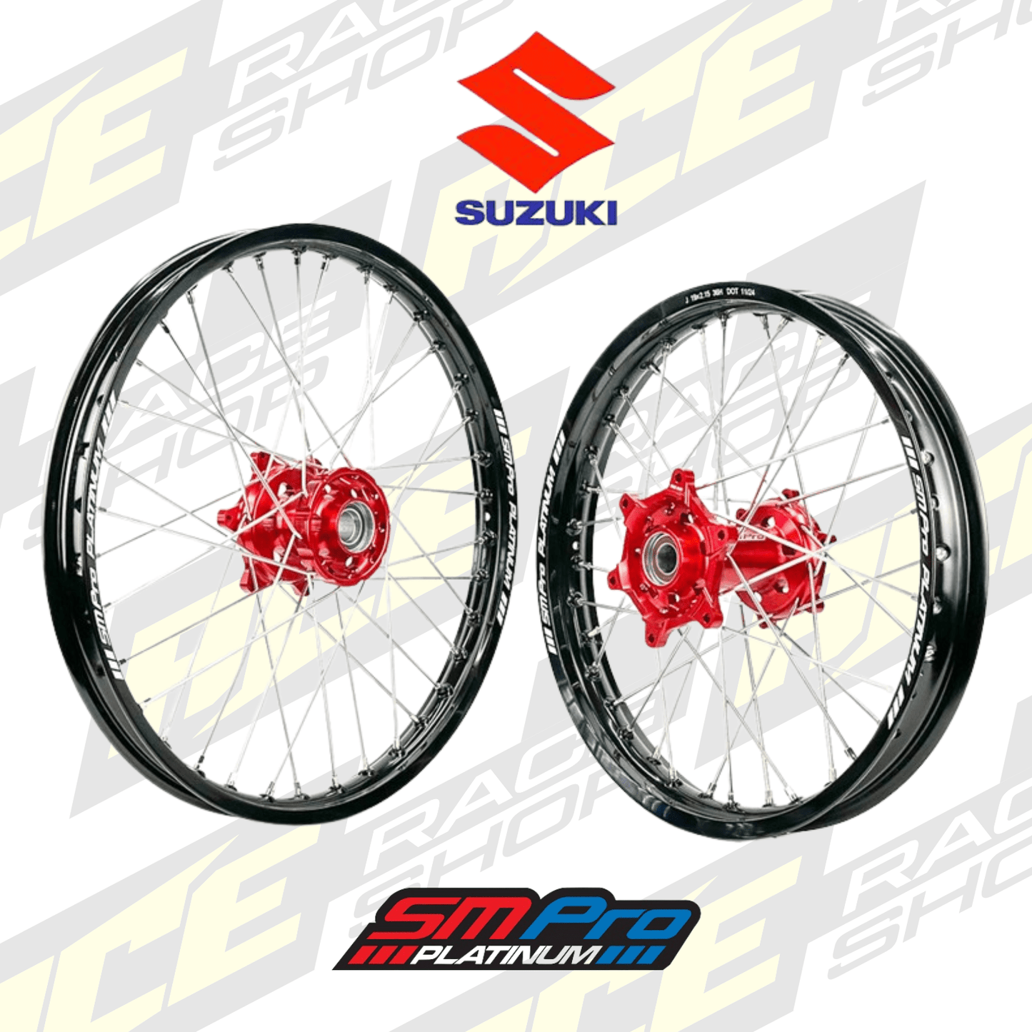 SM PRO PLATINUM WHEEL SET SUZUKI RMZ250 07 - 25, RMZ450 05 - 25, RMX 450 07 - 25 RED HUB BLACK RIM - ACE Race Shop