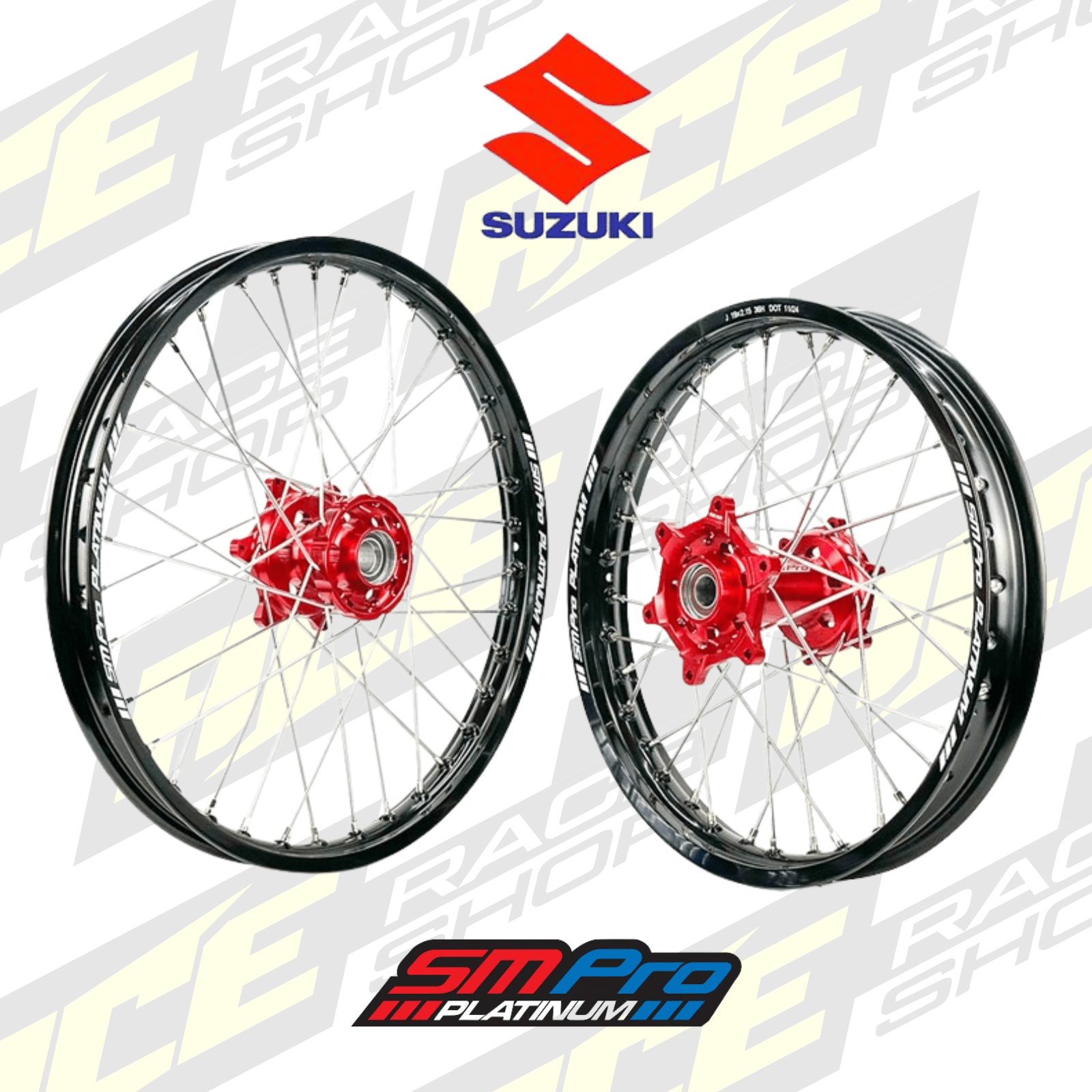 SM PRO PLATINUM WHEEL SET SUZUKI RMZ250 07 - 25, RMZ450 05 - 25, RMX 450 07 - 25 RED HUB BLACK RIM - ACE Race Shop