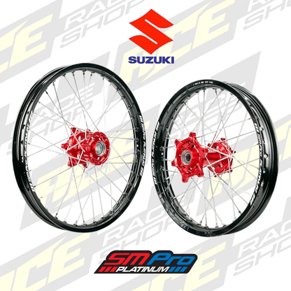 SM PRO PLATINUM WHEEL SET SUZUKI RMZ250 07 - 25, RMZ450 05 - 25, RMX 450 07 - 25 RED HUB BLACK RIM - ACE Race Shop